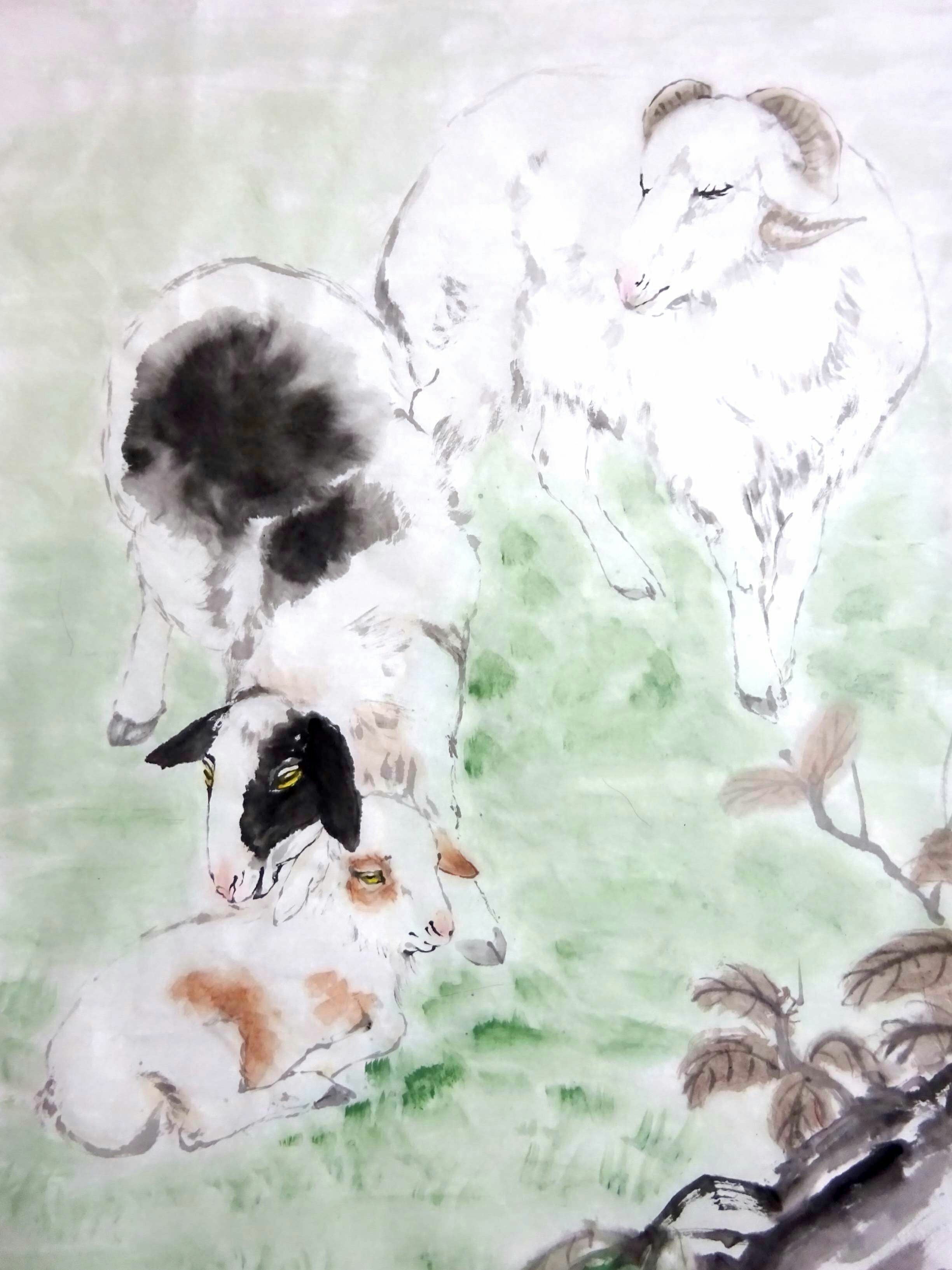 柳子峻动物画作品《三羊开泰》
