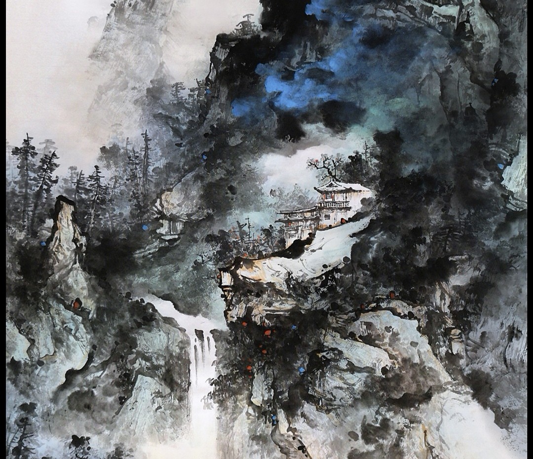 林文瑞山水画作品《半山烟雨醉人家》