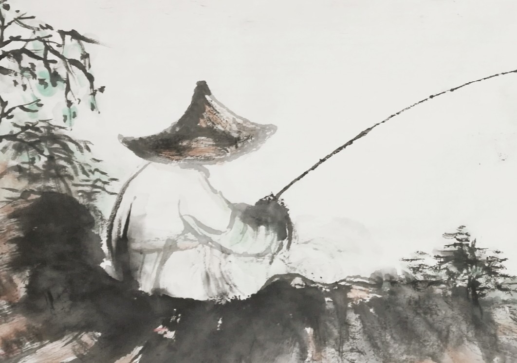 李晓君山水画作品《春堤垂钓》